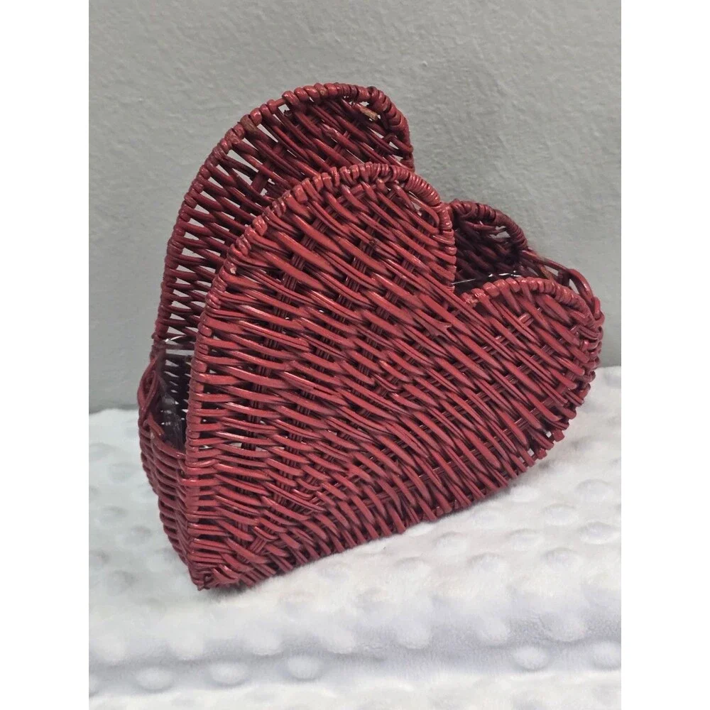 Heart Shaped Wicker Basket Red Planter Napkin Holder Side Shelf Country Decor